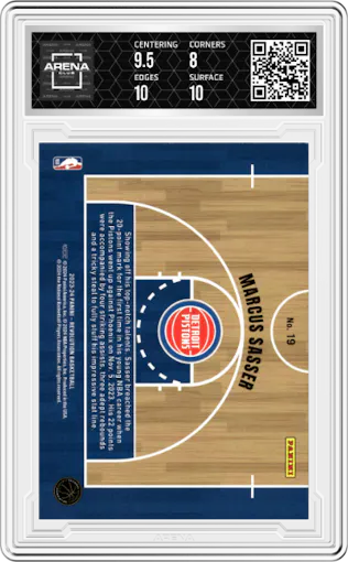 Marcus Sasser from the 2023-24 Panini Revolution set graded by Arena Club and given an overall grade of 8.5.