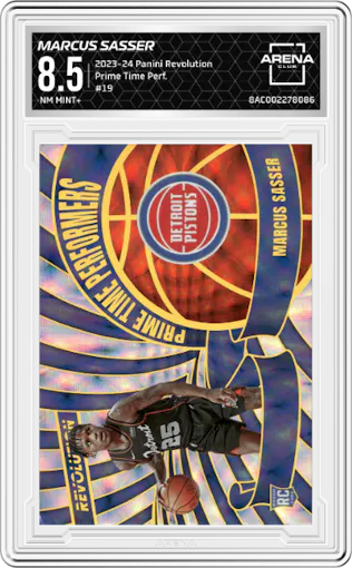 Marcus Sasser from the 2023-24 Panini Revolution set graded by Arena Club and given an overall grade of 8.5.