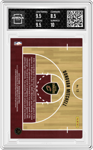 Donovan Mitchell from the 2023-24 Panini Revolution set graded by Arena Club and given an overall grade of 9.