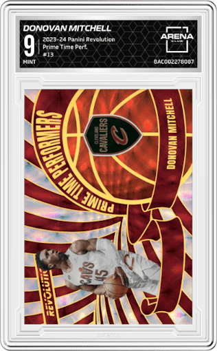 Donovan Mitchell from the 2023-24 Panini Revolution set graded by Arena Club and given an overall grade of 9.