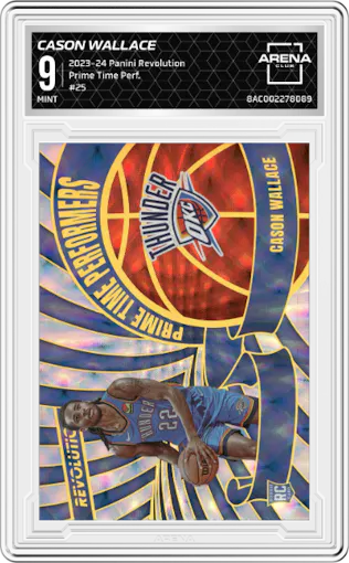 Cason Wallace from the 2023-24 Panini Revolution set graded by Arena Club and given an overall grade of 9.