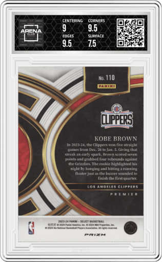 Kobe Brown from the 2023-24 Panini Select  set featuring a Tiger parallel graded by Arena Club and given an overall grade of 8.