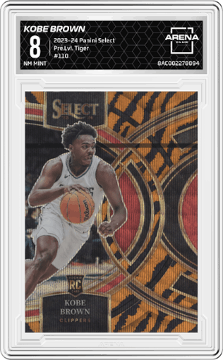 Kobe Brown from the 2023-24 Panini Select  set featuring a Tiger parallel graded by Arena Club and given an overall grade of 8.