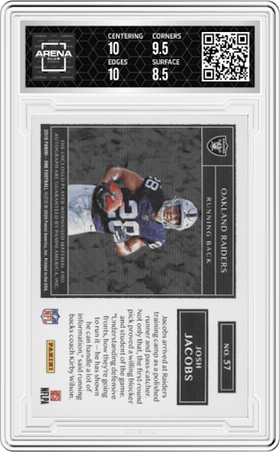 Josh Jacobs from the 2019 Panini One set graded by Arena Club and given an overall grade of 9.