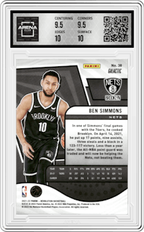 Ben Simmons from the 2021-22 Panini Revolution  set featuring a Galactic parallel graded by Arena Club and given an overall grade of 10.
