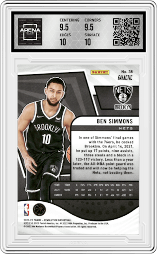 Ben Simmons from the 2021-22 Panini Revolution  set featuring a Galactic parallel graded by Arena Club and given an overall grade of 10.