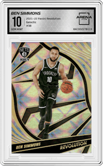 Ben Simmons from the 2021-22 Panini Revolution  set featuring a Galactic parallel graded by Arena Club and given an overall grade of 10.
