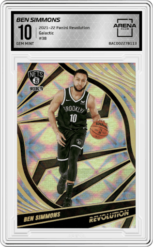 Ben Simmons from the 2021-22 Panini Revolution  set featuring a Galactic parallel graded by Arena Club and given an overall grade of 10.