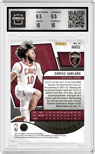 Darius Garland from the 2021-22 Panini Revolution  set featuring a Galactic parallel graded by Arena Club and given an overall grade of 10.
