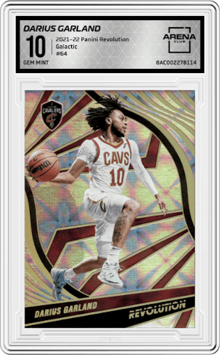 Darius Garland from the 2021-22 Panini Revolution  set featuring a Galactic parallel graded by Arena Club and given an overall grade of 10.