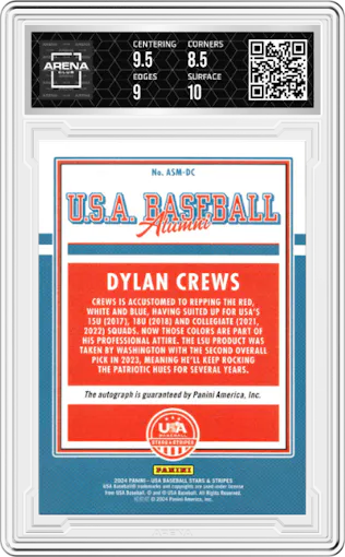Dylan Crews from the 2024 Panini USA Baseball Stars & Stripes set graded by Arena Club and given an overall grade of 9.