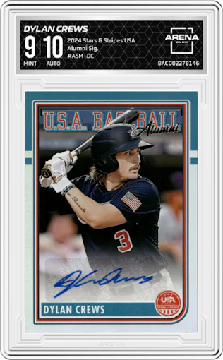 Dylan Crews from the 2024 Panini USA Baseball Stars & Stripes set graded by Arena Club and given an overall grade of 9.