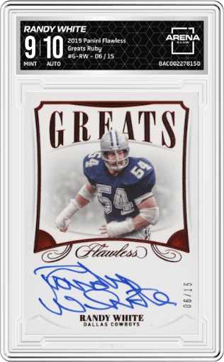 Randy White from the 2019 Panini Flawless set featuring a Ruby parallel graded by Arena Club and given an overall grade of 9.