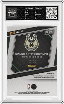 Giannis Antetokounmpo  from the 2023 Panini The National VIP set featuring a Gold parallel graded by Arena Club and given an overall grade of 8.5.