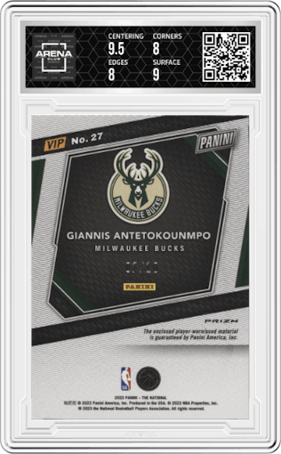 Giannis Antetokounmpo  from the 2023 Panini The National VIP set featuring a Gold parallel graded by Arena Club and given an overall grade of 8.5.