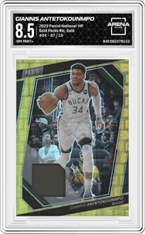 Giannis Antetokounmpo  from the 2023 Panini The National VIP set featuring a Gold parallel graded by Arena Club and given an overall grade of 8.5.