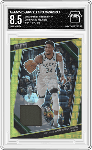 Giannis Antetokounmpo  from the 2023 Panini The National VIP set featuring a Gold parallel graded by Arena Club and given an overall grade of 8.5.