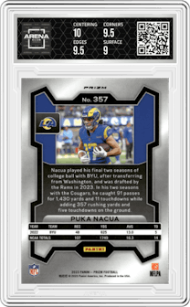 Puka Nacua from the 2023 Panini Prizm set featuring a Red Sparkle Prizm parallel graded by Arena Club and given an overall grade of 9.5.