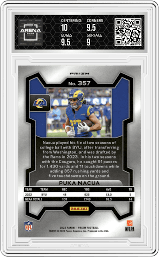 Puka Nacua from the 2023 Panini Prizm set featuring a Red Sparkle Prizm parallel graded by Arena Club and given an overall grade of 9.5.