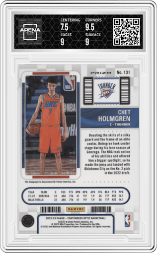 Chet Holmgren from the 2022-23 Panini Contenders Optic set featuring a Blue parallel graded by Arena Club and given an overall grade of 8.