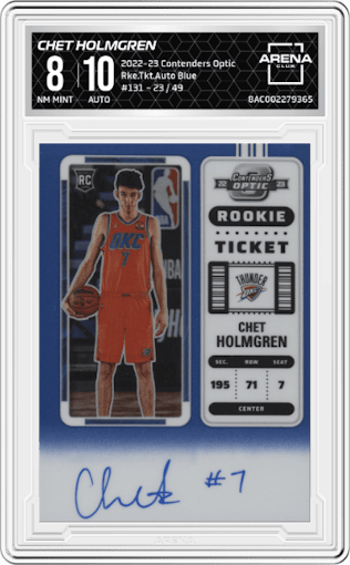Chet Holmgren from the 2022-23 Panini Contenders Optic set featuring a Blue parallel graded by Arena Club and given an overall grade of 8.