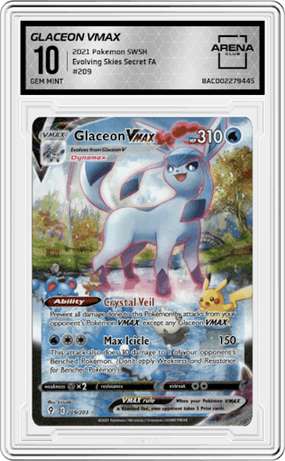 Glaceon VMAX from the 2021 Pokemon SWSH set graded by Arena Club and given an overall grade of 10.