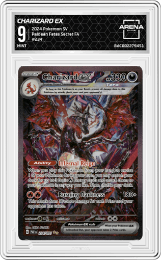 Charizard ex from the 2024 Pokemon SV set graded by Arena Club and given an overall grade of 9.