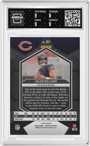 Caleb Williams from the 2024 Panini Mosaic set featuring a Silver parallel graded by Arena Club and given an overall grade of 8.5.