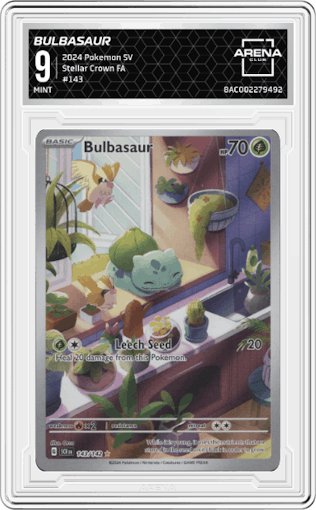 Bulbasaur from the 2024 Pokemon SV set graded by Arena Club and given an overall grade of 9.