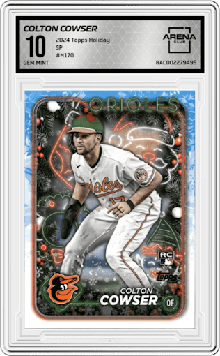 Colton Cowser from the 2024 Topps Holiday set graded by Arena Club and given an overall grade of 10.