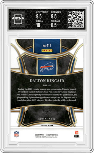 Dalton Kincaid from the 2023 Panini Select set featuring a Disco Black parallel graded by Arena Club and given an overall grade of 9.