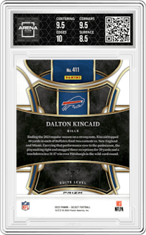 Dalton Kincaid from the 2023 Panini Select set featuring a Disco Black parallel graded by Arena Club and given an overall grade of 9.