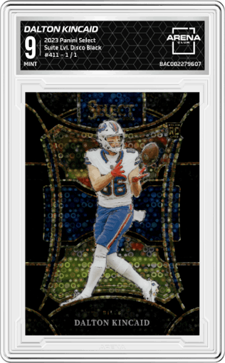 Dalton Kincaid from the 2023 Panini Select set featuring a Disco Black parallel graded by Arena Club and given an overall grade of 9.