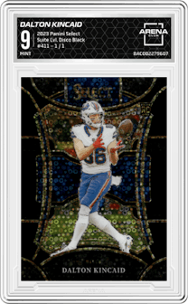 Dalton Kincaid from the 2023 Panini Select set featuring a Disco Black parallel graded by Arena Club and given an overall grade of 9.