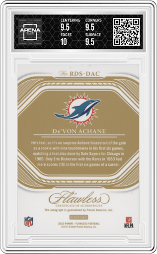De’Von Achane from the 2023 Panini Flawless set featuring a Ruby  parallel graded by Arena Club and given an overall grade of 9.5.