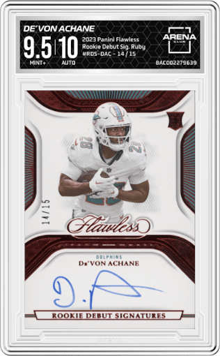 De’Von Achane from the 2023 Panini Flawless set featuring a Ruby  parallel graded by Arena Club and given an overall grade of 9.5.