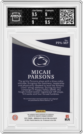 Micah Parsons from the 2021 Immaculate Collection Collegiate set graded by Arena Club and given an overall grade of 9.5.