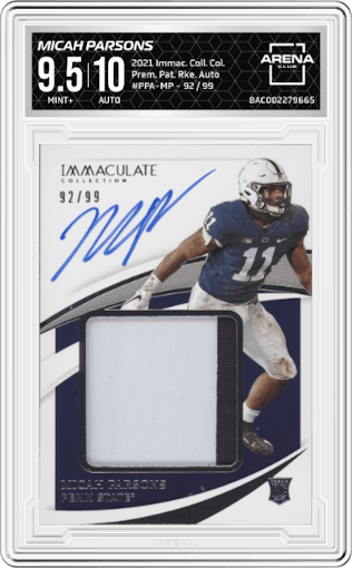 Micah Parsons from the 2021 Immaculate Collection Collegiate set graded by Arena Club and given an overall grade of 9.5.