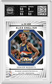 Alex English from the 2022-23 Panini Obsidian set featuring a Electric Etch Orange parallel graded by Arena Club and given an overall grade of 9.5.