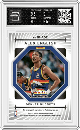 Alex English from the 2022-23 Panini Obsidian set featuring a Electric Etch Orange parallel graded by Arena Club and given an overall grade of 9.5.