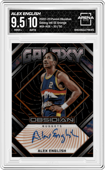 Alex English from the 2022-23 Panini Obsidian set featuring a Electric Etch Orange parallel graded by Arena Club and given an overall grade of 9.5.