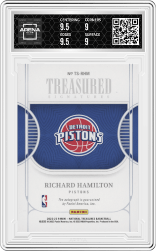 Richard Hamilton from the 2022-23 Panini National Treasures set featuring a Bronze parallel graded by Arena Club and given an overall grade of 9.5.