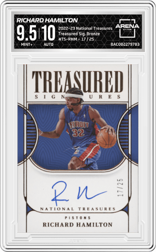 Richard Hamilton from the 2022-23 Panini National Treasures set featuring a Bronze parallel graded by Arena Club and given an overall grade of 9.5.