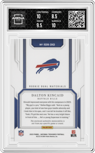 Dalton Kincaid from the 2023 Panini National Treasures set featuring a Red Jersey Number parallel graded by Arena Club and given an overall grade of 9.