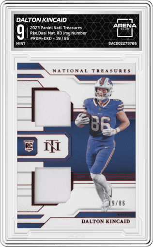 Dalton Kincaid from the 2023 Panini National Treasures set featuring a Red Jersey Number parallel graded by Arena Club and given an overall grade of 9.