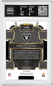Aidan O'Connell from the 2023 Panini Select set featuring a Die-Cut Zebra Prizm parallel graded by Arena Club and given an overall grade of 9.5.