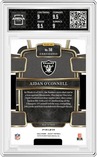 Aidan O'Connell from the 2023 Panini Select set featuring a Die-Cut Zebra Prizm parallel graded by Arena Club and given an overall grade of 9.5.