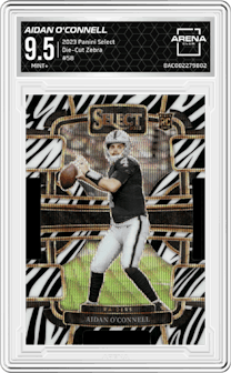 Aidan O'Connell from the 2023 Panini Select set featuring a Die-Cut Zebra Prizm parallel graded by Arena Club and given an overall grade of 9.5.
