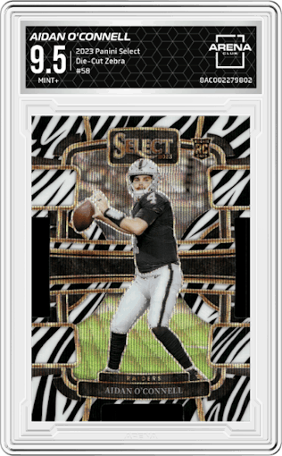 Aidan O'Connell from the 2023 Panini Select set featuring a Die-Cut Zebra Prizm parallel graded by Arena Club and given an overall grade of 9.5.