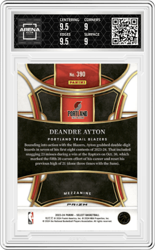 Deandre Ayton from the 2023-24 Panini Select  set featuring a Elephant Prizm parallel graded by Arena Club and given an overall grade of 9.5.